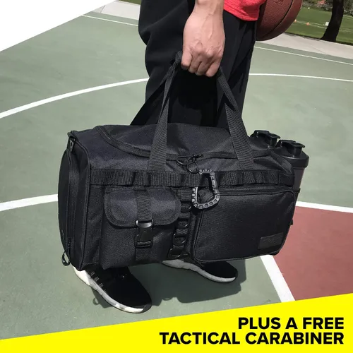 Miniatura 6 de Fitdom Bolsa de lona táctica negra de 20 pulgadas y 32 L con compartimento para zapatos. La mejor bolsa de entrenamiento para hombres y mujeres. La