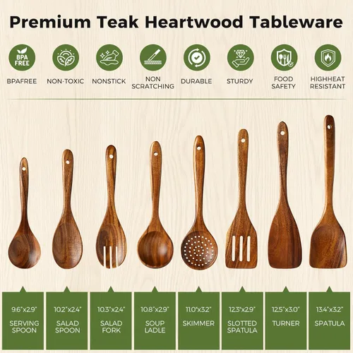 Miniatura 3 de Juego de 8 piezas de utensilios de cocina de madera de teca, cucharas y espátulas de madera natural para utensilios de cocina antiadherentes, juego