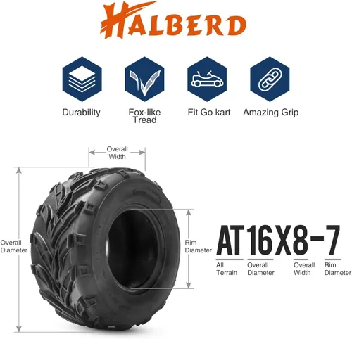 Miniatura 3 de HALBERD Neumáticos deportivos ATV 16x8-7, 16x8x7 Go Kart ATV UTV Off-Road Neumáticos sin cámara, todo terreno, prueba de arena de barro 4PR