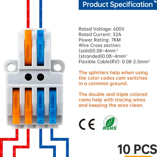 Miniatura 3 de 10 conectores de cable de palanca, conector de cable de cableado rápido, bloque de terminales de conductor a presión (2 en 4 salidas)