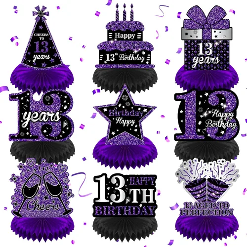 9 piezas de decoraciones moradas de cumpleaños número 13, color morado y negro, centros de mesa de nido de abeja para decoración de mesa, decoración