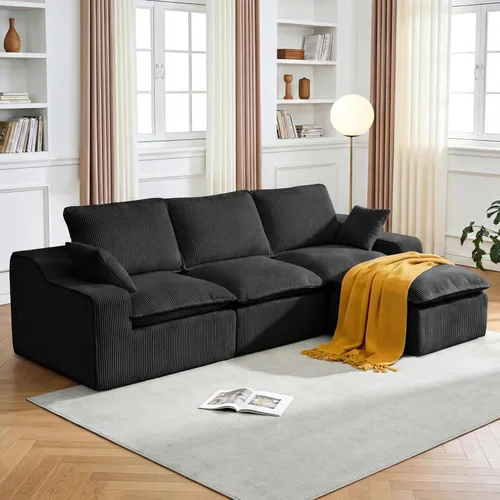 Miniatura 15 de Sofá modular sin hueso de 107 pulgadas con otomana, sofá modular de pana con asiento profundo tapizado, moderno sofá modular con tumbonas
