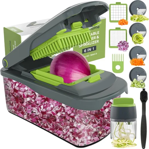 Miniatura 12 de Ourokhome Cortador de verduras con recipiente, cortador manual de cebolla con 2 cuchillas de cortar para tiras de papa, cubos de verduras, palitos