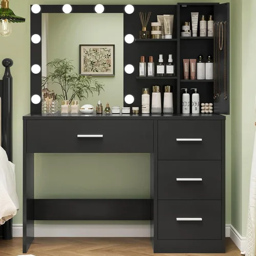 Miniatura 12 de FIONESO Escritorio grande con espejo y luces, tocador de maquillaje con 11 cajones y 6 estantes abiertos, 3 modos de iluminación, brillo ajustable
