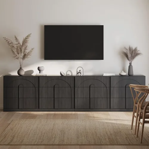 Miniatura 13 de BELLEZE Juego de soporte modular de TV de 4 piezas, centro de entretenimiento moderno con asas anchas de madera, aparadores con estantes ajustables