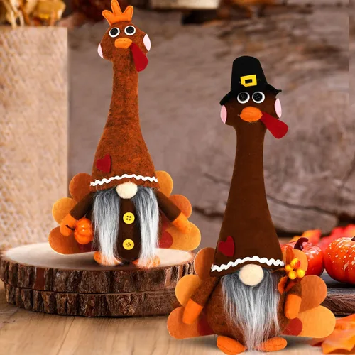 Miniatura 7 de YuQi Gnomos de pavo de peluche para el día de Acción de Gracias, 2 piezas lindas hechas a mano de cosecha de cuello largo pavo gnomo sueco, adornos