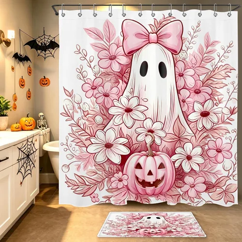 Miniatura 43 de HVEST Cortina de ducha de Halloween, linterna de calabaza y gnomo, cortina de ducha de baño, cortina de ducha de murciélago y araña, decorativa