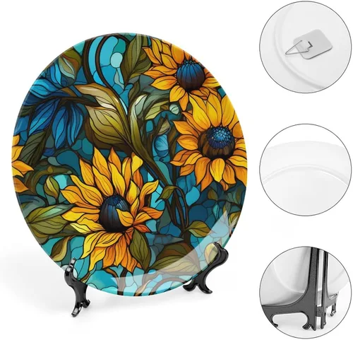Miniatura 4 de Platos decorativos, diseño floral de otoño azul y naranja, plato de cena de cerámica con soporte de exhibición, decoración para colgar en la pared