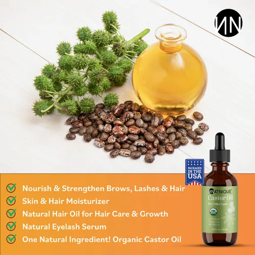 Miniatura 2 de Natnique Aceite de ricino orgánico certificado por USDA, aceite 100% puro prensado en frío sin refinar para el crecimiento del cabello, pestañas