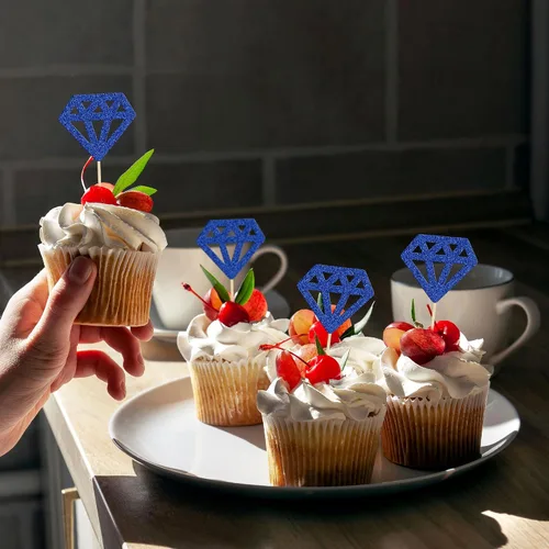 Miniatura 7 de 24 piezas de anillos de diamantes para cupcakes con purpurina azul profundo, anillos de boda, para boda, compromiso, aniversario, fiesta de San