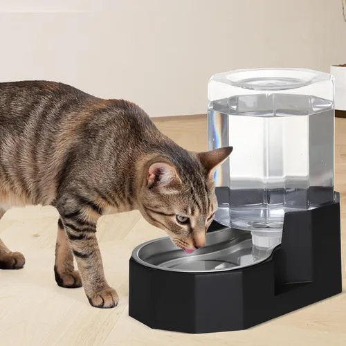 Miniatura 6 de Sfozstra - Dispensador de cuenco de agua por gravedad: comedero automático de 5L en acero inoxidable negro para gatos con cepillo especializado