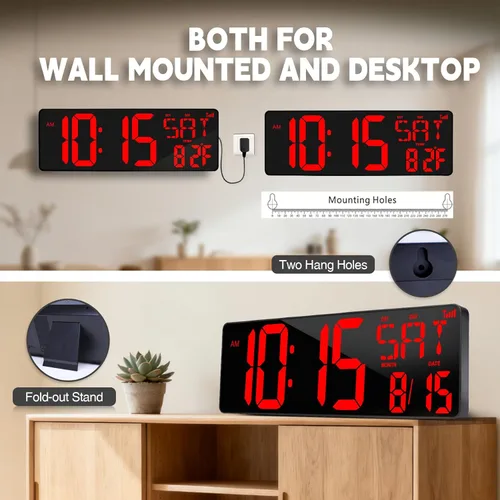 Miniatura 6 de Reloj de pared digital con pantalla grande: reloj digital LED de 16.5 pulgadas con control remoto, fecha, semana, DST automático, brillo ajustable