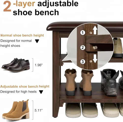 Miniatura 6 de Banco de zapatos con cojín de cuero, banco de entrada de madera maciza rústica con 2 estantes ajustables en altura y extraíbles para pasillo, sala