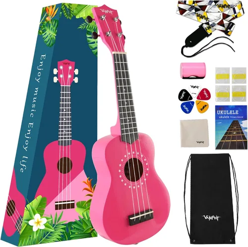 Ukelele soprano para niños de 21 pulgadas con bolsa, correa, púas, libro de canciones y paño de limpieza, adecuado para adultos y principiantes Rosa