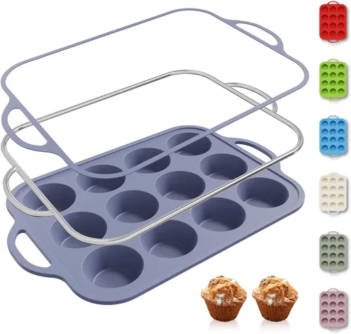 Miniatura 29 de 2 paquetes de 12 tazas de molde para magdalenas de silicona para hornear con marco reforzado de metal, molde para cupcakes de tamaño regular, Crema