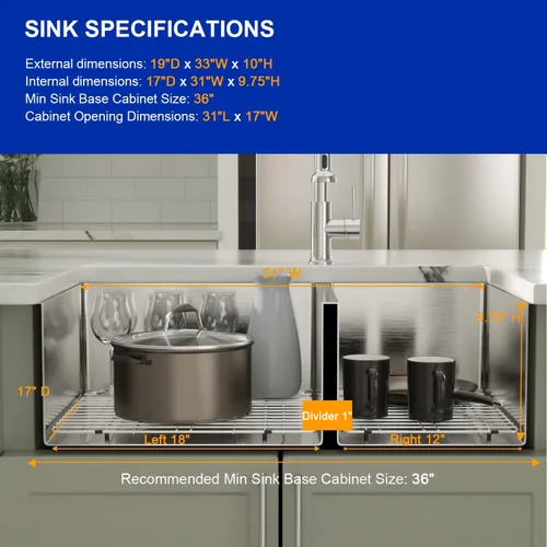 Miniatura 6 de Dcolora DC-U7730 - Fregadero de cocina de 33 pulgadas con doble tazón dividido 60/40 de calibre 16 de acero inoxidable 304, esquinas redondeadas