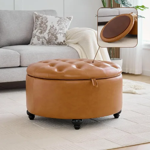Miniatura 19 de WUTUTUEE Otomana redonda de almacenamiento de 24 pulgadas con bandeja, mesa de café circular tapizada moderna con almacenamiento, otomana tapizada
