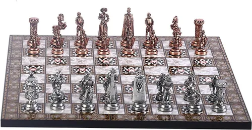 Juego de ajedrez medieval de metal de cobre antiguo del ejército británico para adultos, piezas hechas a mano y diseño de mosaico, tablero de