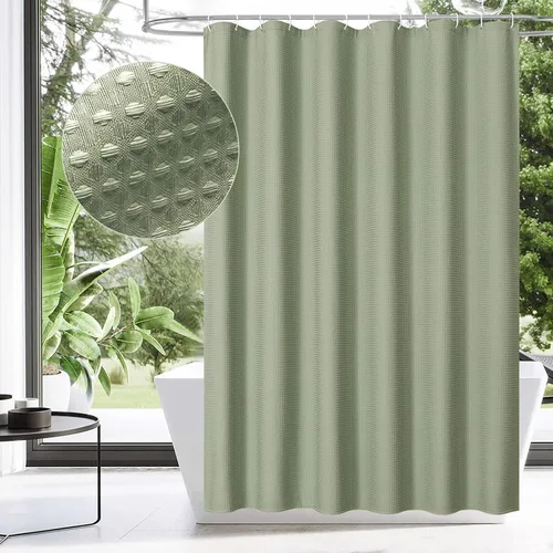 Miniatura 2 de MitoVilla Cortina de ducha de tela de gofre verde salvia, cortinas de ducha de tela pesada para decoración moderna de baño de hotel, impermeable