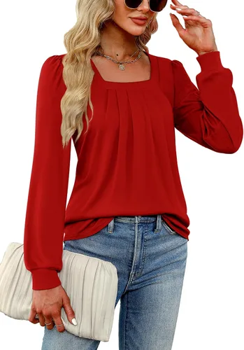 Miniatura 3 de Funlingo 2023 - Blusas de manga larga para mujer, estilo túnica, plisadas, con cuello cuadrado, estilo casual, holgadas