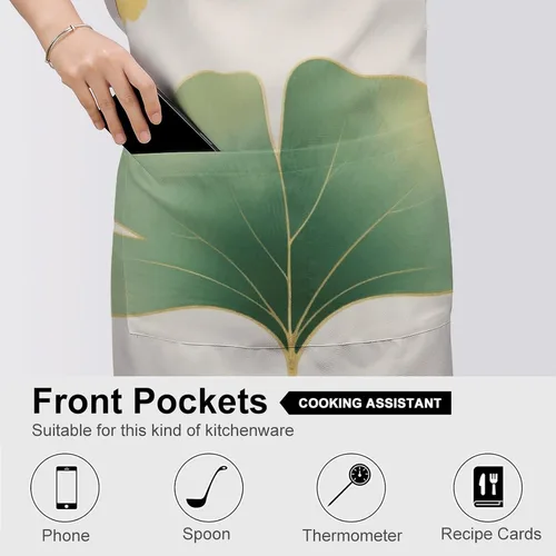 Miniatura 5 de MUSM Apron for Adults - 27.6 X 31.5 Inch, Heavy-Duty Polyester Aprons with Two Large Pockets, Waterproof Green Ginkgo Leaves Kitchen Apron for