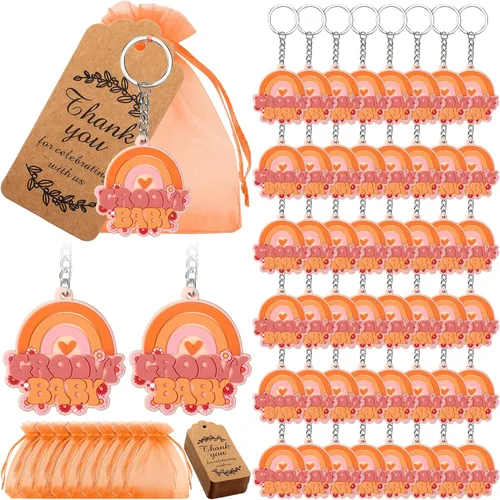 Roowest 150 llaveros de fiesta groovy, estilo retro, hippie, para baby shower, incluye 50 llaveros bohemios, 50 etiquetas de agradecimiento, 50
