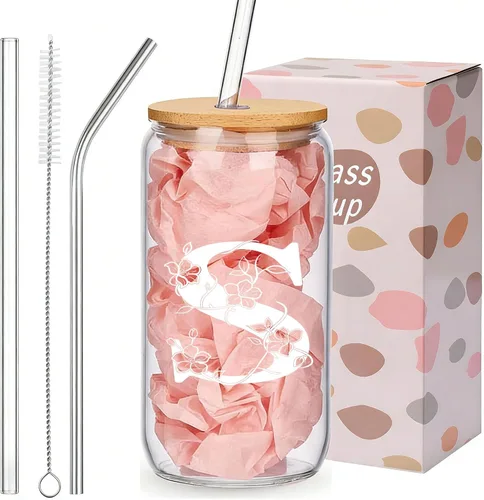 Miniatura 25 de Regalos personalizados para mujeres, tazas de vidrio con monograma con tapas y pajitas, regalos personalizados para mujeres, vasos de café helado
