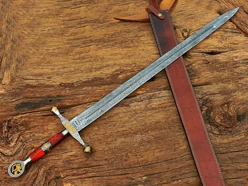 Miniatura 2 de Espada de ascalón de acero de Damasco Saint George Dragon Slayer con funda de cuero, espada de hoja de doble filo