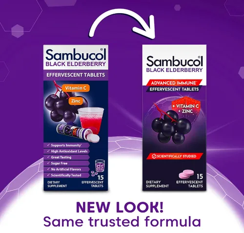 Miniatura 2 de Tabletas efervescentes de saúco negro Sambucol - Saúco con zinc y vitamina C para adultos, tabletas de saúco solubles, bayas - 15