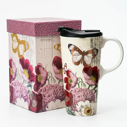 Topadorn Taza de café de cerámica de 17 onzas con tapa y caja de regalo para viaje, Flor Roja y Mariposa