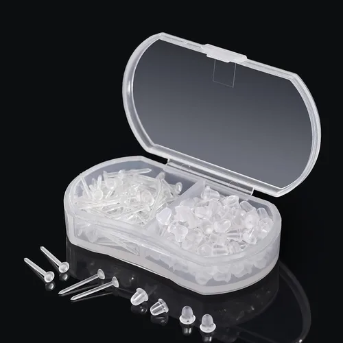 Miniatura 2 de Aretes transparentes para deportes/trabajo, aretes de plástico de 0.118 pulgadas para orejas sensibles, 100 pares de aretes y pines en blanco