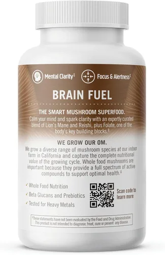 Miniatura 10 de OM MUSHROOM SUPERFOOD Brain Fuel - Cápsulas en polvo de hongos suplemento superalimentario, 90 unidades, 30 días, melena de león, mezcla de reishi