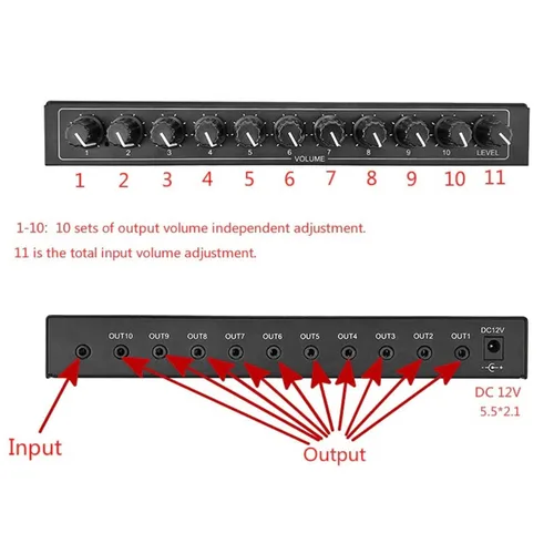 Miniatura 4 de Fydun Amplificador de auriculares de 10 canales 1 en 10 canales de salida portátil estéreo Distribuidor Amplificador de auriculares Mini Jack TRS