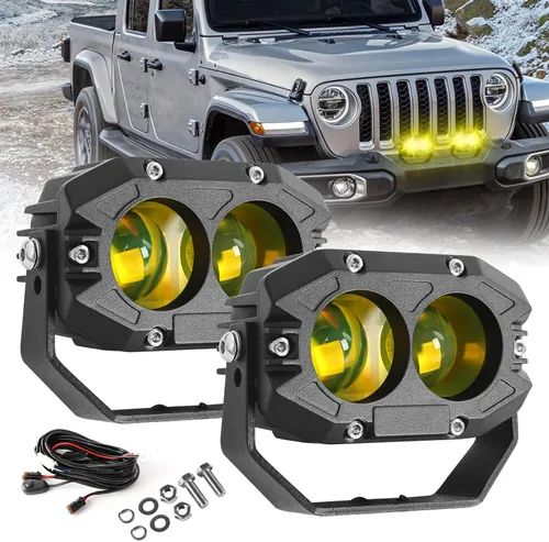 BraveWAY Luces antiniebla ámbar de 4 pulgadas, 80 W, cápsulas LED amarillas de 9600 lúmenes, superbrillantes con arnés, haz de punto amarillo, luces