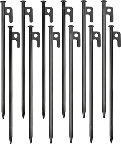 Paquete de 12 estacas de metal resistentes para tienda de campaña para camping, estacas de acero de 12 pulgadas, irrompibles e inflexibles