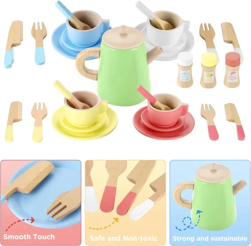 Miniatura 2 de GAGAKU Juego de té de madera y platos de madera 2 en 1, juego de comida de juguete 28 piezas Montessori Play Accesorios de cocina para niños