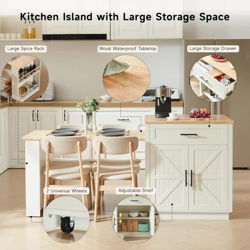 Miniatura 4 de ONBRILL Islas de cocina de 76 pulgadas con mesa de comedor extensible, mesa de isla de 2-6 para cocina, mesa de cocina móvil con almacenamiento