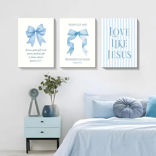 Miniatura 9 de Decoración de pared de 3 piezas con lazos azul claro, decoración de pared para habitación de niña adolescente de Jesús, bonitas imágenes