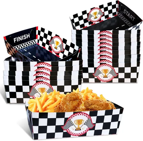 36 bandejas de papel para fiestas de autos de carreras, platos de fiesta a cuadros en blanco y negro, desechables, bandeja para servir postres para