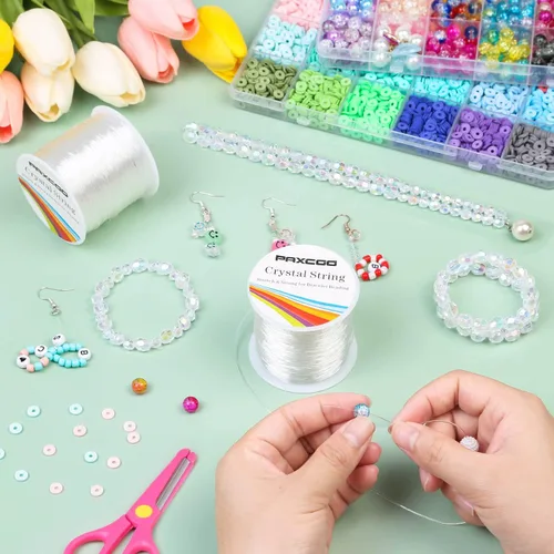 Miniatura 6 de PAXCOO - 2 rollos de cuerda elástica para cuentas de arcilla, cuentas de poni Kandi, pulseras y fabricación de joyas (0.031 in, cristal)