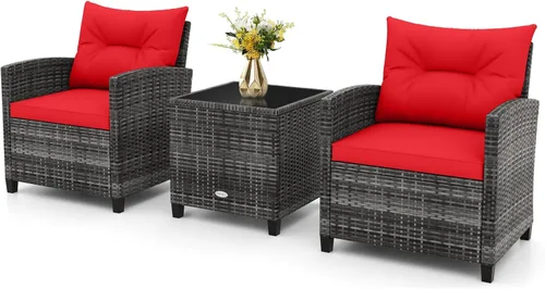 Miniatura 19 de RELAX4LIFE Juego de muebles de patio de 3 piezas, juego de conversación de mimbre con 2 sillones acolchados y mesa con tapa de cristal, juego