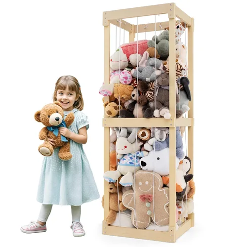 Costzon Almacenamiento de animales de peluche extra grande, organizador de animales de madera con cordones elásticos, organizador de almacenamiento