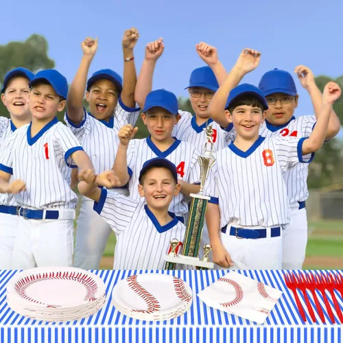 Miniatura 6 de WILDPARTY Juego de 96 piezas de suministros para fiesta de béisbol para 24 invitados, incluyendo platos de papel de béisbol, platos de postre