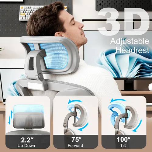 Miniatura 5 de Vonesse Silla de oficina ergonómica con reposapiés, sillas de escritorio con reposacabezas y reposabrazos ajustables 3D, silla de juegos de Gris