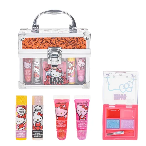 Hello Kitty Beauty - Juego de mini tren incluye tubo de brillo de labios, bálsamo labial, brillo de labios compacto para fiestas de niñas, fiestas