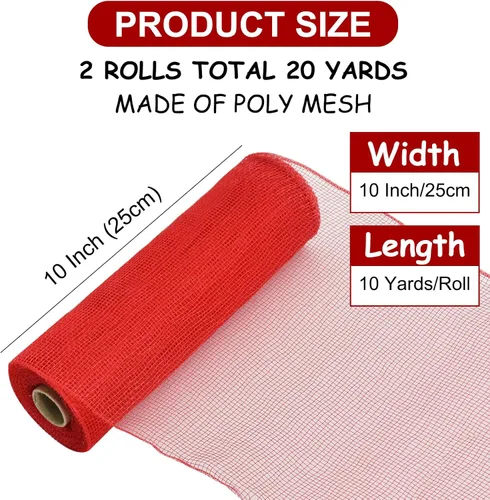 Miniatura 2 de TONIFUL 2 rollos de cinta de malla decorativa roja de 10 pulgadas, malla de tela para suministros de corona de malla, corona de puerta delantera