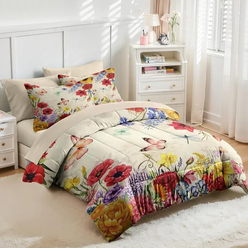 Miniatura 4 de Nesker Juego de edredón de primavera de 5 piezas, tamaño individual, juego de ropa de cama floral con mariposas para niños y adultos, juego