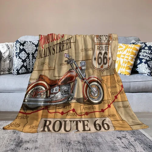 Miniatura 6 de Manta de motocicleta antigua, rústica y clásica, con temática de auto clásico, ruta de EE. UU., 66, patrón impreso, manta de franela súper suave