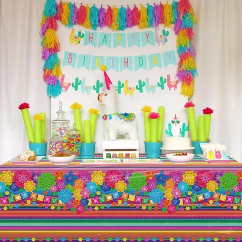 Miniatura 8 de Mantel de plástico para fiesta mexicana, 4 unidades, diseño de flores de papel a rayas mexicanas, decoración rectangular para fiesta de taco