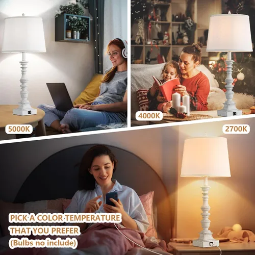 Miniatura 6 de Juego de 2 lámparas de mesa de granja de 27.5 pulgadas, lámparas rústicas de dormitorio para mesita de noche con carga USB doble, lámparas